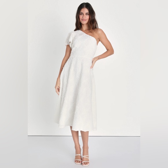 Lulu’s White Textured One Shoulder Dress - Picture 1 of 5